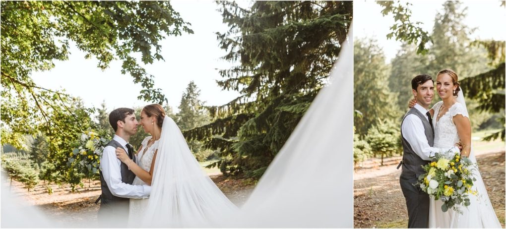 Premier snohomish & seattle wedding photographer | gsquared weddings photography a bride and groom stand outdoors among green trees embracing and smiling on their snohomish wedding day The bride wears a white dress and holds a yellow and white bouquet her flowing veil visible in the foreground | serving snohomish seattle                   & beyond