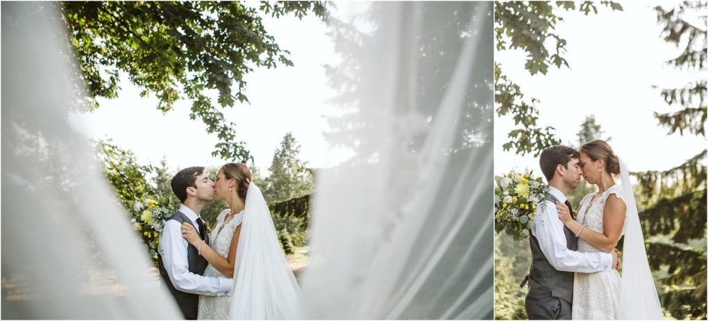 Premier snohomish & seattle wedding photographer | gsquared weddings photography a bride and groom embrace outdoors under trees in snohomish with the brides veil flowing in the foreground and the couple touching foreheads on the right both bathed in natural sunlightcapturing a perfect seattle wedding engagement moment | serving snohomish seattle                   & beyond