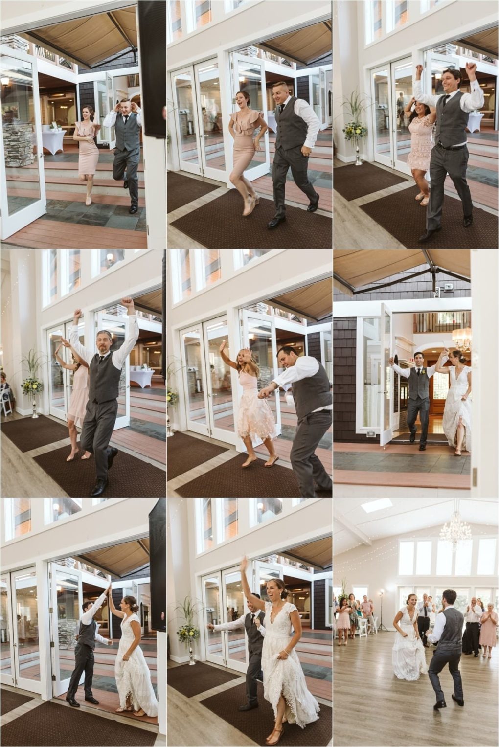 Premier snohomish & seattle wedding photographer | gsquared weddings photography a collage of snohomish wedding reception photos shows couples including the bride and groom dancing joyfully as they make their entrance The bright setting features large windows and cheerful guests capturing a perfect seattle wedding celebration | serving snohomish seattle                   & beyond