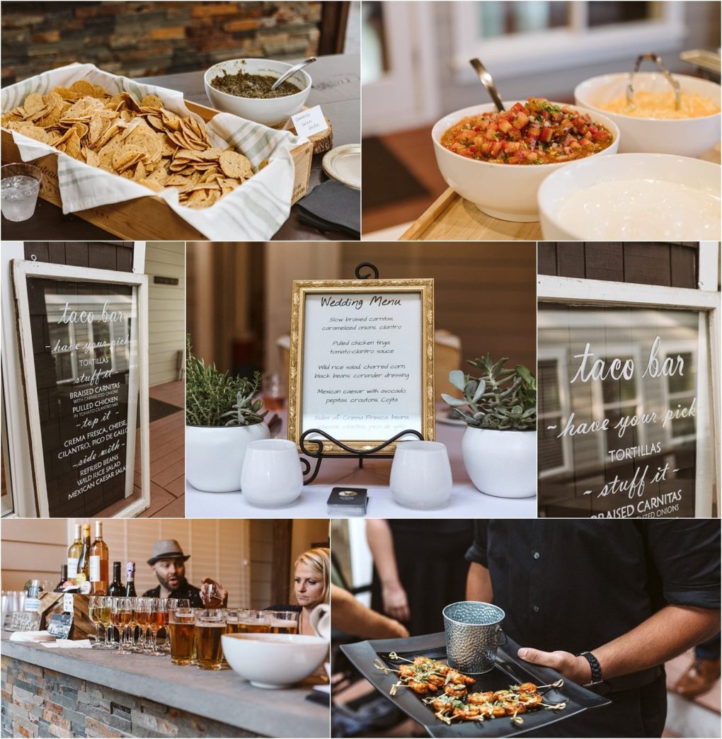 Premier snohomish & seattle wedding photographer | gsquared weddings photography a collage of snohomish seattle wedding images featuring a taco bar with chips and salsa bowls of toppings a framed menu a taco bar sign a lively drink station with bartenders and trays of appetizers being served at an engagement celebration | serving snohomish seattle                   & beyond