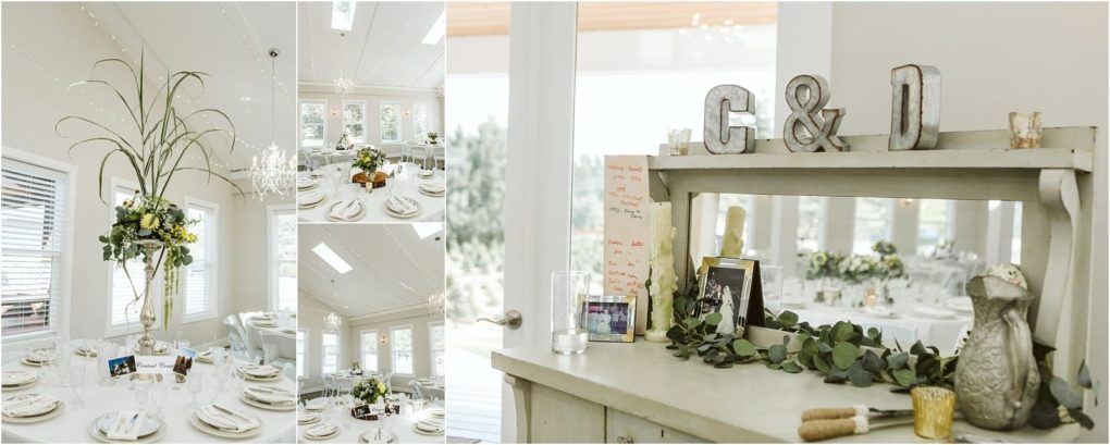 Premier snohomish & seattle wedding photographer | gsquared weddings photography elegant snohomish wedding reception setup with white tablecloths tall floral centerpieces and formal table settings A decorated side table displays candles photos greenery and wooden initials c & d Natural light fills the room | serving snohomish seattle                   & beyond