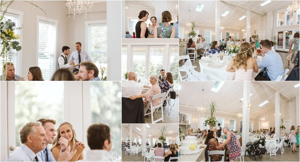 Premier snohomish & seattle wedding photographer | gsquared weddings photography a collage of snohomish wedding reception photos shows guests seated at round tables chatting eating and enjoying the bright elegant venue with white walls large windows and string lights above | serving snohomish seattle                   & beyond