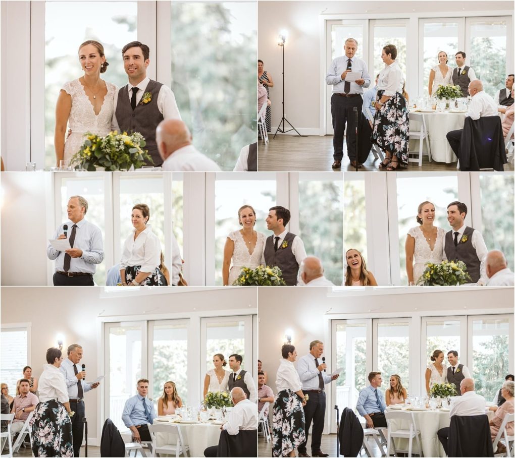 Premier snohomish & seattle wedding photographer | gsquared weddings photography a collage of snohomish wedding reception photos shows a bride and groom standing together guests seated at tables and a man and woman giving speeches with a microphone in a bright airy venue | serving snohomish seattle                   & beyond