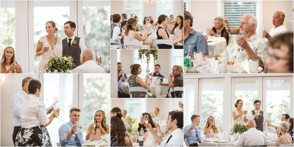 Premier snohomish & seattle wedding photographer | gsquared weddings photography a collage of wedding reception scenes in a bright elegant snohomish venue shows guests the bride and groom raising glasses for a toast Tables overflow with flowers capturing the joyful spirit of this unforgettable seattle wedding engagement | serving snohomish seattle                   & beyond