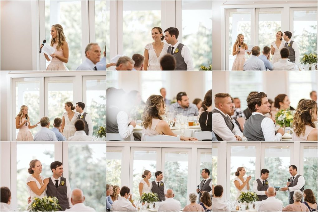 Premier snohomish & seattle wedding photographer | gsquared weddings photography a collage of snohomish wedding reception photos shows a bride groom and guests The couple stands together listens to speeches smiles and mingles with guests seated around tables in a bright sunlit room | serving snohomish seattle                   & beyond