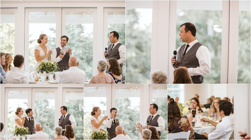 Premier snohomish & seattle wedding photographer | gsquared weddings photography a collage of six snohomish wedding reception photos shows a bride and groom giving a toast with drinks speaking into a microphone and smiling at seated guests in a bright room with large windows | serving snohomish seattle                   & beyond