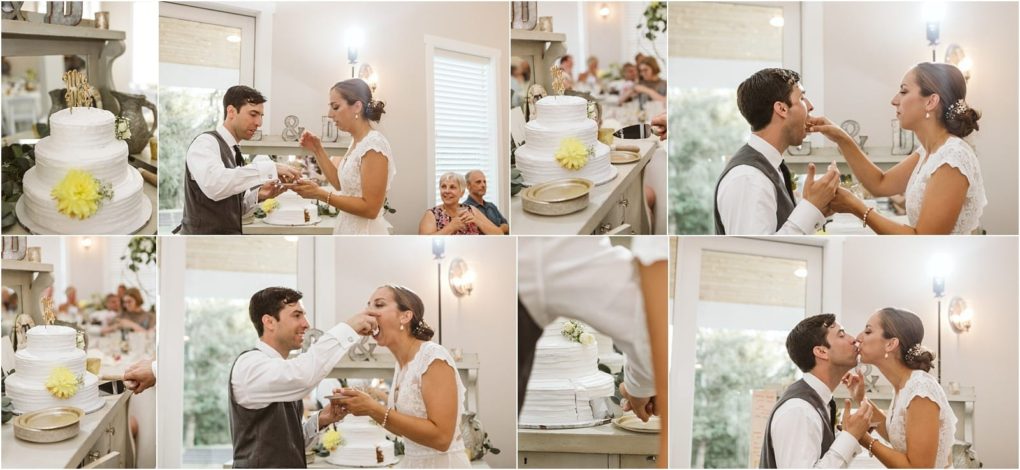 Premier snohomish & seattle wedding photographer | gsquared weddings photography a collage of six photos shows a snohomish bride and groom playfully feeding each other cake at their wedding reception smiling and laughing together with guests watching in the background | serving snohomish seattle                   & beyond