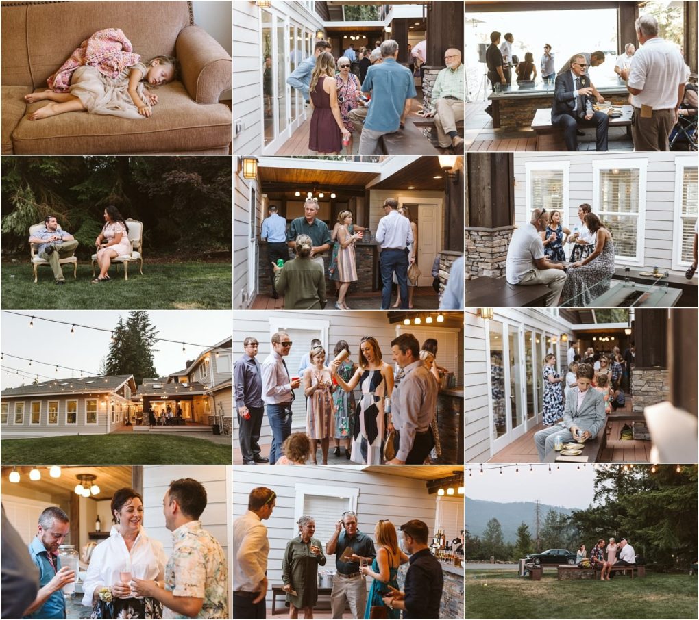 Premier snohomish & seattle wedding photographer | gsquared weddings photography a collage of candid photos at an outdoor gathering in snohomish shows people chatting eating and relaxing Scenes include a child on a couch guests mingling on a patio and groups enjoying a sunny backyard event near seattle | serving snohomish seattle                   & beyond