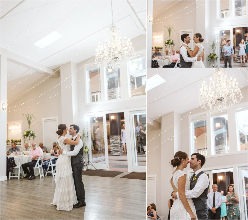 Premier snohomish & seattle wedding photographer | gsquared weddings photography a bride and groom share their first dance in a bright elegant snohomish venue with white walls large windows chandeliers and string lights Guests watch the special seattle wedding moment capturing it from different angles | serving snohomish seattle                   & beyond