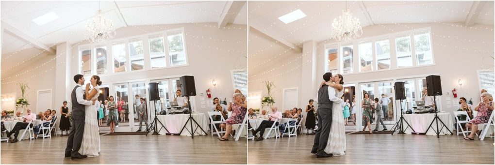Premier snohomish & seattle wedding photographer | gsquared weddings photography a bride and groom share their first dance in a bright elegant snohomish venue with large windows and a chandelier while seated guests watch and smile in the background | serving snohomish seattle                   & beyond