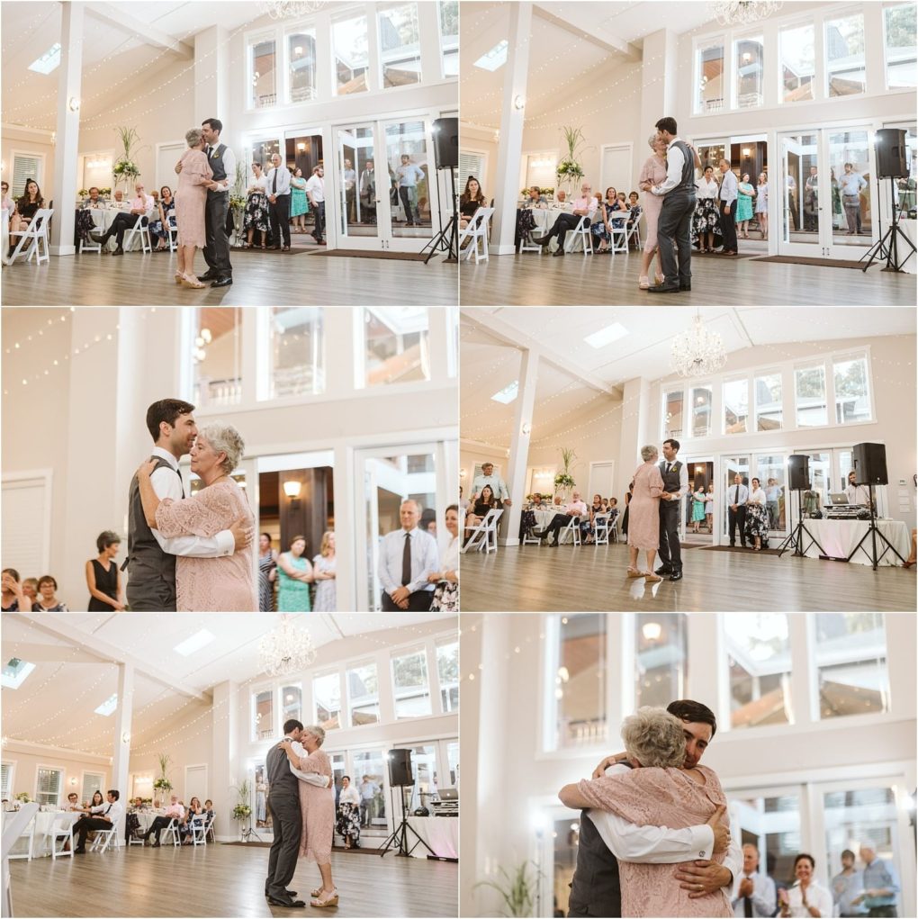 Premier snohomish & seattle wedding photographer | gsquared weddings photography a young man in a vest and tie dances with an older woman in a pink dress at a bright snohomish wedding reception while guests watch and smile The pair share a joyful and emotional moment together | serving snohomish seattle                   & beyond