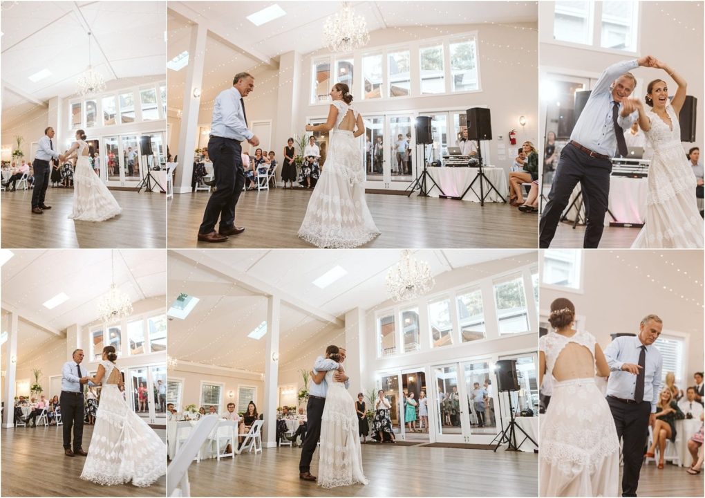 Premier snohomish & seattle wedding photographer | gsquared weddings photography a bride and her father share a joyful dance at a snohomish wedding reception in a bright elegant hall surrounded by guests seated at tables with large windows and white decor in the background | serving snohomish seattle                   & beyond