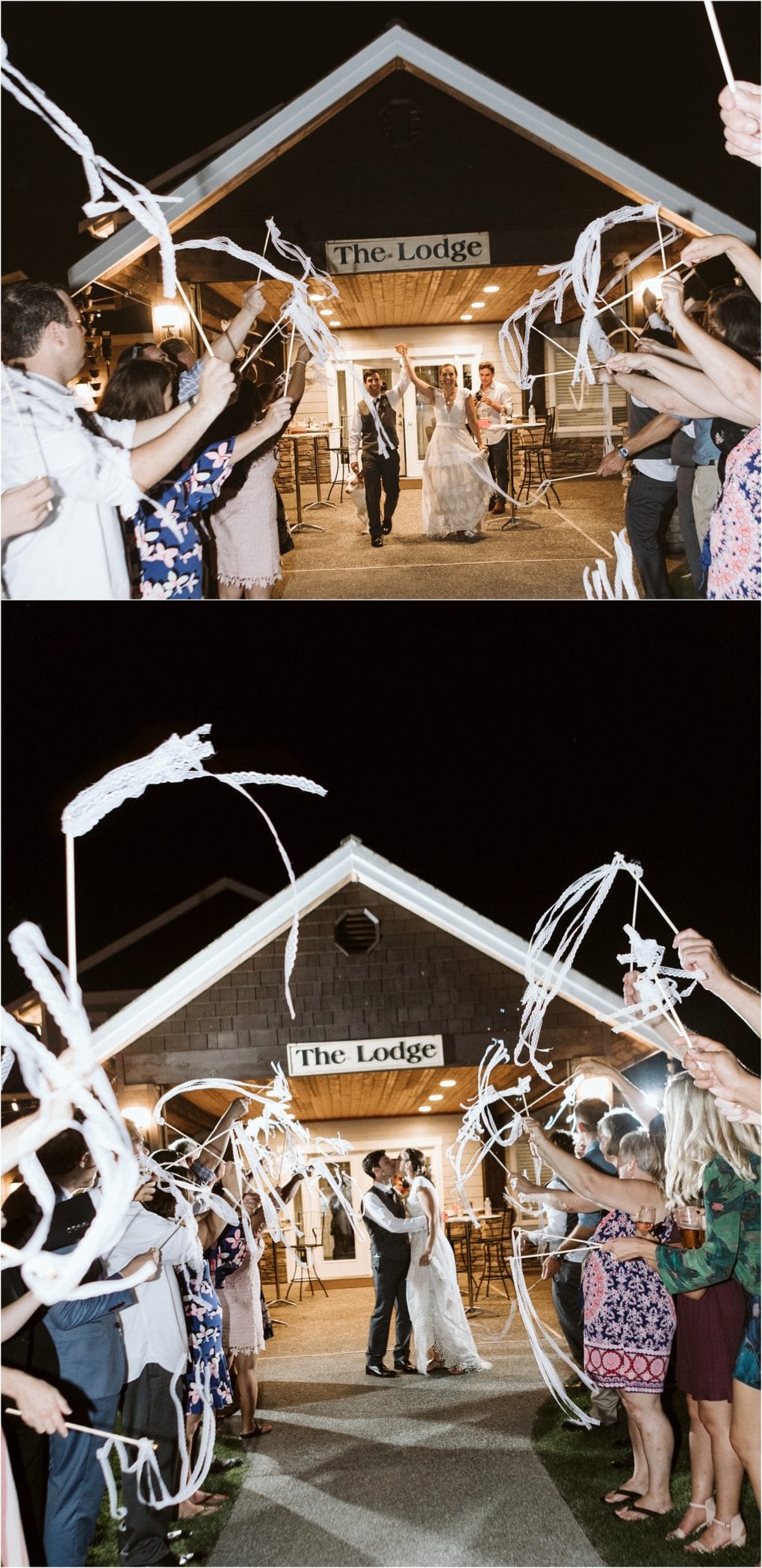 Premier snohomish & seattle wedding photographer | gsquared weddings photography a newlywed couple exits the lodge at night after their snohomish seattle wedding greeted by cheering guests waving ribbon wands then stops to kiss under the illuminated entryway as friends celebrate around them | serving snohomish seattle                   & beyond