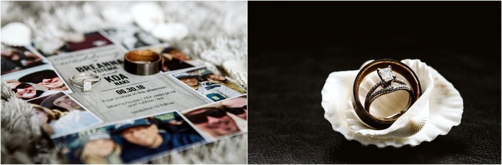 Premier snohomish & seattle wedding photographer | gsquared weddings photography two wedding rings and an engagement ring rest on a snohomish seattle wedding invitation with a collage of photos while on the right the rings are beautifully displayed inside a white seashell on a dark surface | serving snohomish seattle                   & beyond