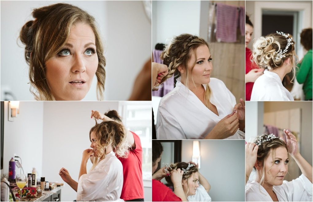Premier snohomish & seattle wedding photographer | gsquared weddings photography a collage shows a woman in a white robe getting her hair styled for a snohomish wedding A stylist adds curls and a decorative hairpiece preparing her for this special occasion in a bright modern setting | serving snohomish seattle                   & beyond