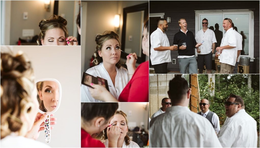 Premier snohomish & seattle wedding photographer | gsquared weddings photography a collage captures a snohomish seattle wedding a bride getting her makeup done indoors looking into a mirror and a group of men in white shirts laughing and talking together outdoors before the engagement | serving snohomish seattle                   & beyond
