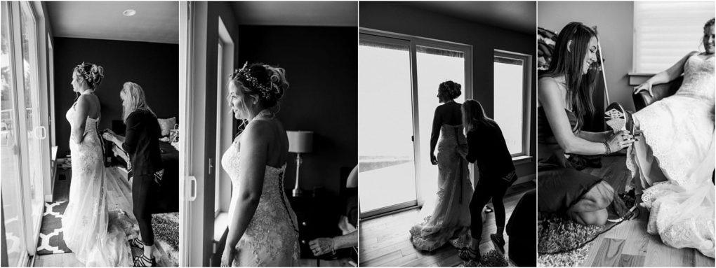 Premier snohomish & seattle wedding photographer | gsquared weddings photography four black and white photos capture a snohomish bride in a lace wedding gown as a woman helps her get ready adjusting the dress and train in a softly lit room with large windows before her seattle wedding | serving snohomish seattle                   & beyond