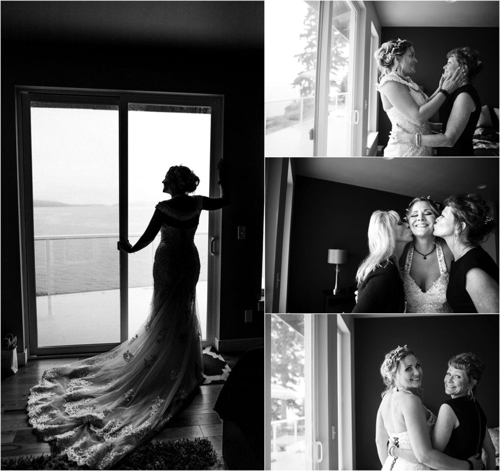 Premier snohomish & seattle wedding photographer | gsquared weddings photography a collage of black and white photos shows a bride by a window in silhouette sharing joyful moments with two women before her snohomish wedding as they laugh embrace and celebrate in timeless seattle elegance | serving snohomish seattle                   & beyond