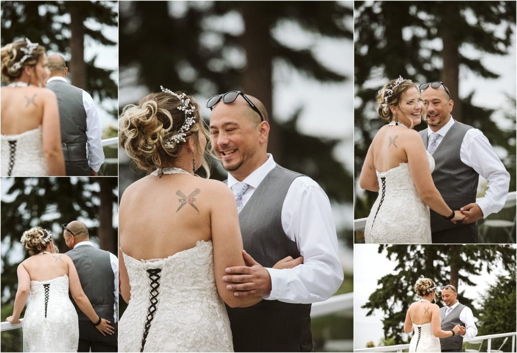 Premier snohomish & seattle wedding photographer | gsquared weddings photography a collage of five photos captures a joyful snohomish wedding with a bride in a lace dress showing her tattoo and a groom in a vest and glasses They smile hold hands and celebrate their outdoor marriage | serving snohomish seattle                   & beyond