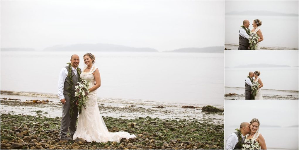 Premier snohomish & seattle wedding photographer | gsquared weddings photography a bride and groom embrace on a rocky seaweed covered beach near snohomish with calm water and distant islands under a cloudy sky Smaller images show them smiling hugging and sharing a kiss during their seattle wedding engagement | serving snohomish seattle                   & beyond