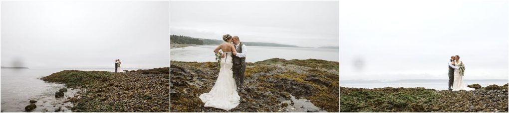 Premier snohomish & seattle wedding photographer | gsquared weddings photography three photos of a bride and groom in wedding attire embracing on a rocky snohomish shoreline by the ocean under an overcast sky with calm water and distant land in the background Perfect for seattle wedding or engagement inspiration | serving snohomish seattle                   & beyond