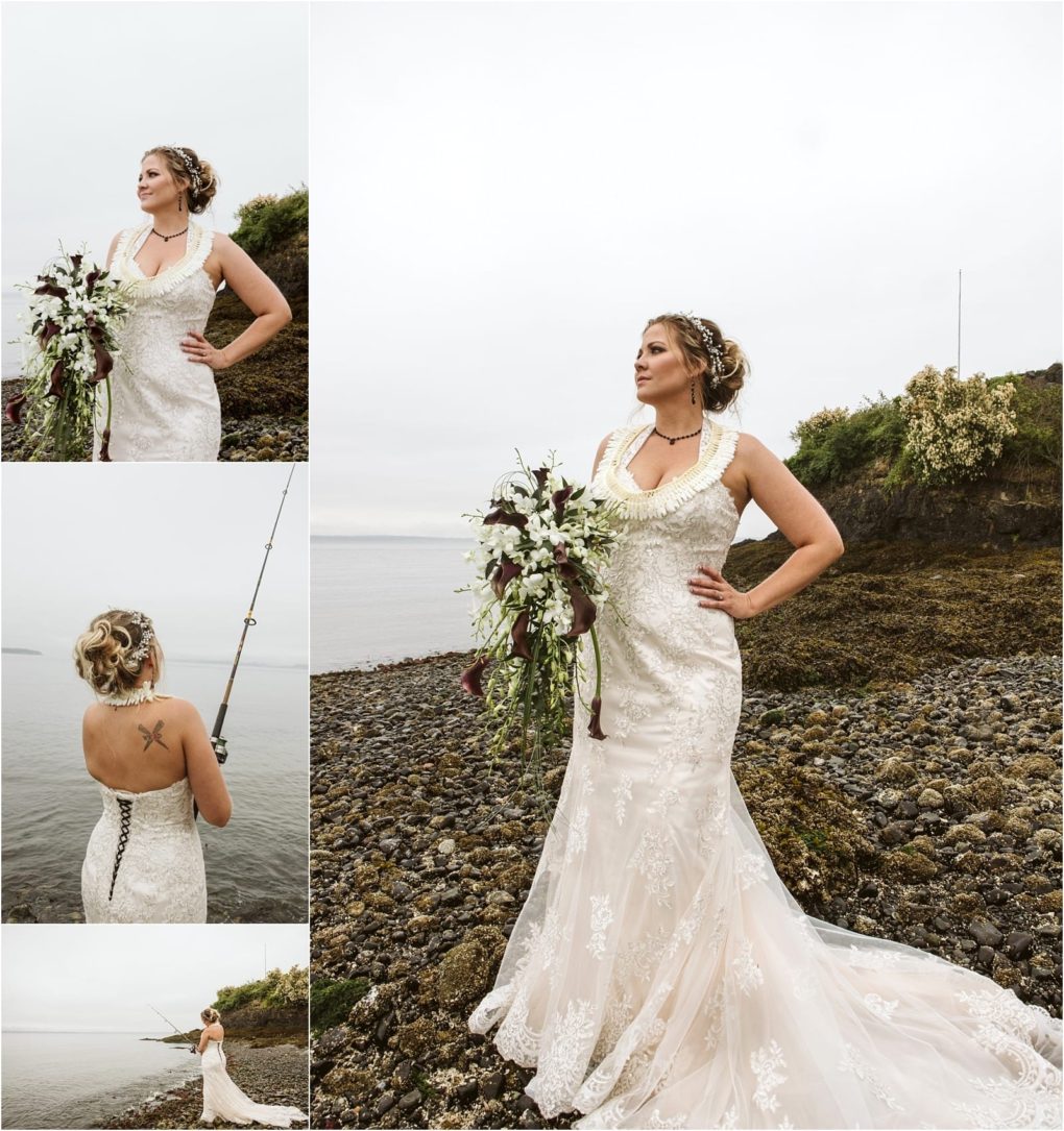 Premier snohomish & seattle wedding photographer | gsquared weddings photography a bride in a lace wedding dress poses on rocky shorelines near snohomish with a cascading bouquet and fishing rod her hair in an updo with floral accents set against a cloudy seattle coastal backdrop for an enchanting engagement | serving snohomish seattle                   & beyond