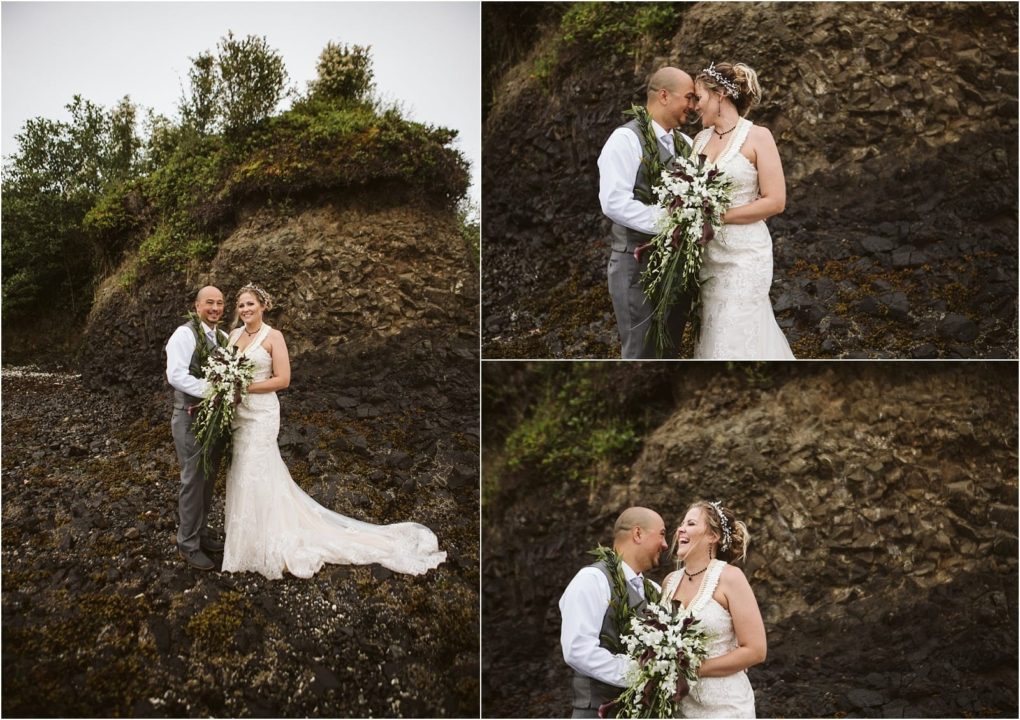 Premier snohomish & seattle wedding photographer | gsquared weddings photography a bride and groom stand on rocky terrain by a cliff near snohomish smiling and holding a cascading white bouquet Two close up photos show them laughing and touching foreheads affectionately at their seattle wedding engagement | serving snohomish seattle                   & beyond
