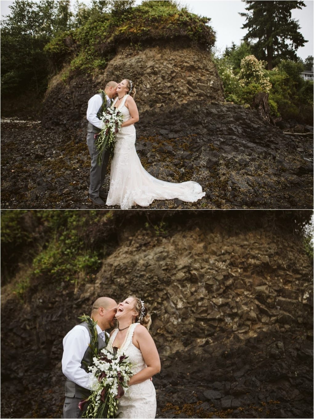 Premier snohomish & seattle wedding photographer | gsquared weddings photography a couple shares a kiss on a rocky shore capturing the romance of a snohomish seattle wedding engagement | serving snohomish seattle                   & beyond
