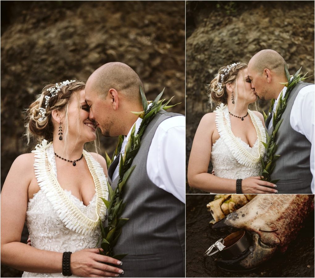 Premier snohomish & seattle wedding photographer | gsquared weddings photography a bride and groom dressed in wedding attire adorned with leafy leis lovingly touch foreheads outdoors at a snohomish seattle wedding Inset shows close up of their wedding rings resting on a weathered seashell | serving snohomish seattle                   & beyond