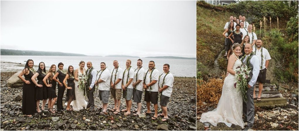 Premier snohomish & seattle wedding photographer | gsquared weddings photography two wedding party photos on the left a group stands in a line on a rocky snohomish beach by the water on the right the group poses together on wooden steps surrounded by greenery with the bride and groom in front | serving snohomish seattle                   & beyond