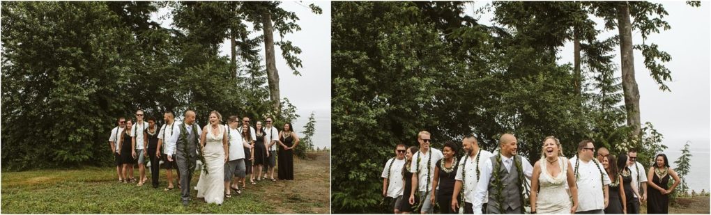 Premier snohomish & seattle wedding photographer | gsquared weddings photography two side by side photos show a snohomish wedding party outdoors The bride and groom walk in front smiling followed by their attendants in coordinated attire with tall trees and greenery creating a picturesque seattle backdrop | serving snohomish seattle                   & beyond