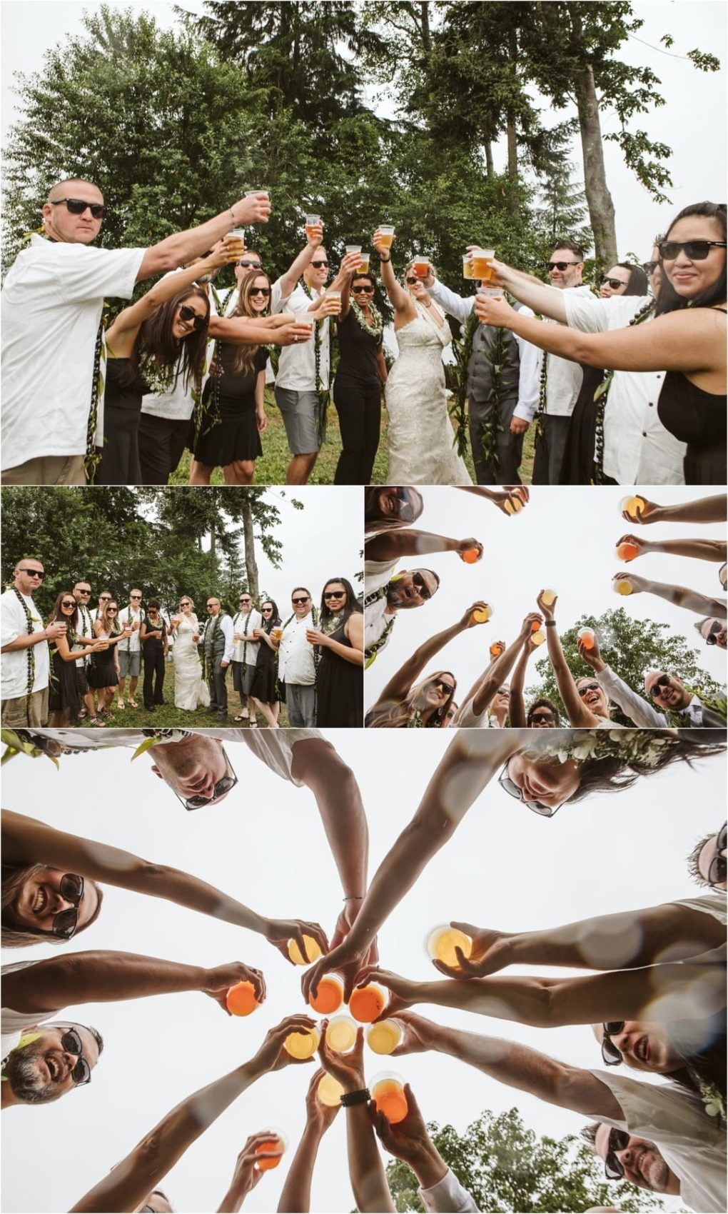 Premier snohomish & seattle wedding photographer | gsquared weddings photography a group of people outdoors in snohomish dressed in semi formal attire raise glasses for a celebratory toast Multiple angles show them smiling and holding drinks together under the trees at a seattle wedding engagement | serving snohomish seattle                   & beyond