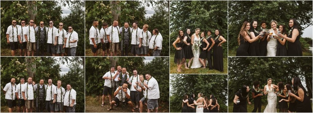 Premier snohomish & seattle wedding photographer | gsquared weddings photography a collage of snohomish wedding party photos shows a group of men in casual shirts and shorts and women in black dresses and one white gown all posing and laughing outdoors by leafy trees near seattle | serving snohomish seattle                   & beyond