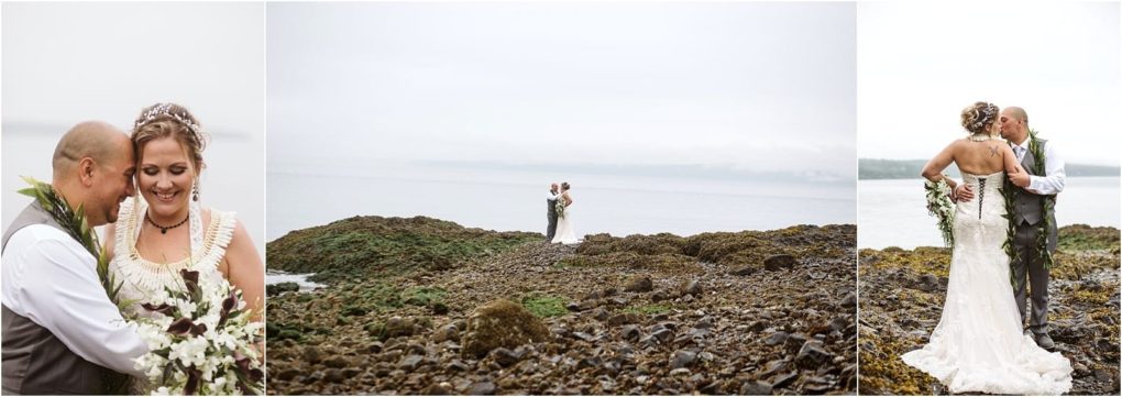 Premier snohomish & seattle wedding photographer | gsquared weddings photography a bride and groom celebrate their wedding on a rocky snohomish shoreline They embrace and smile together with the calm sea and cloudy sky behind themthe perfect seattle wedding engagement moment | serving snohomish seattle                   & beyond