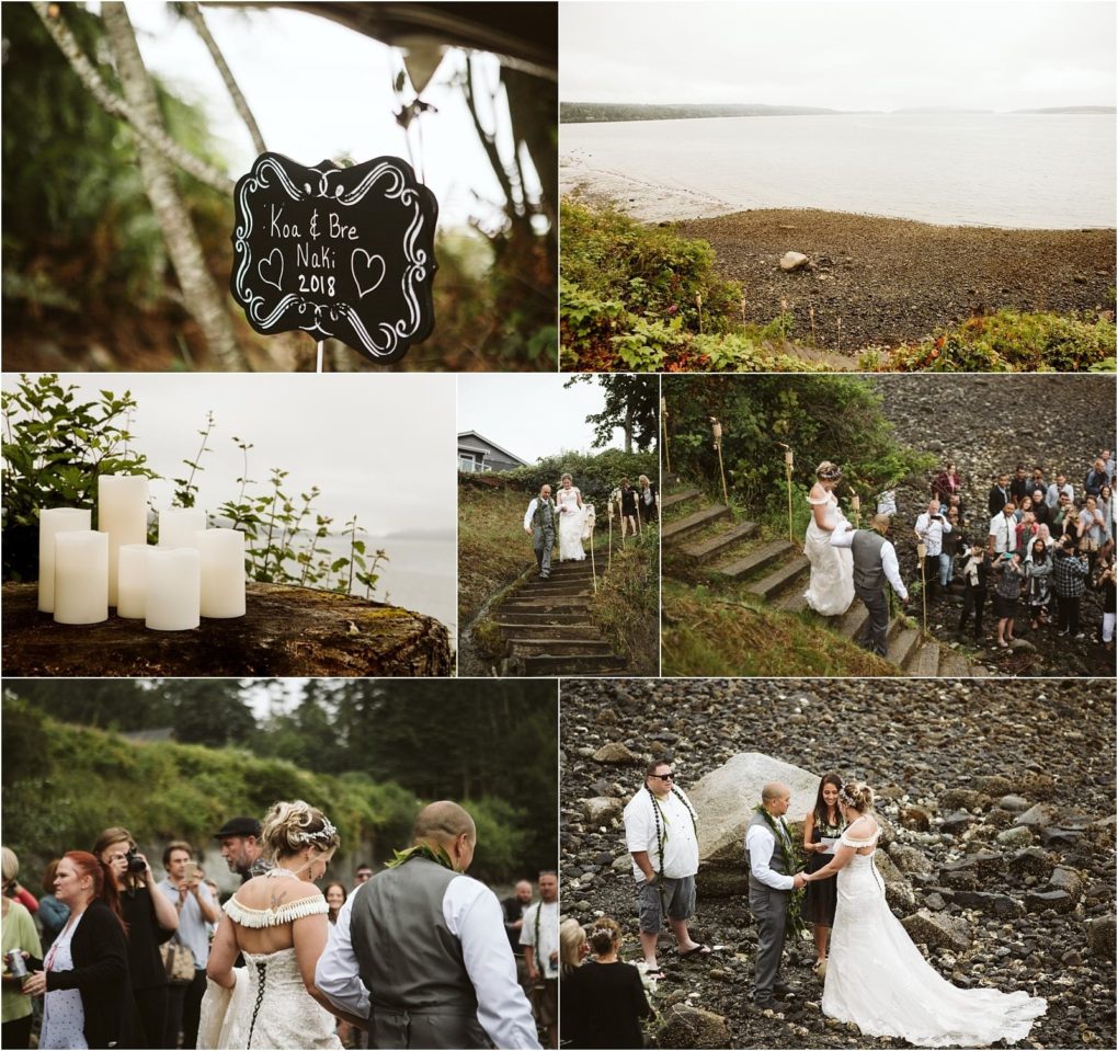 Premier snohomish & seattle wedding photographer | gsquared weddings photography a collage of outdoor wedding scenes near snohomish a chalkboard sign with koa & bree nick 2018 a rocky shoreline candles on moss a bride and groom walking down steps and a ceremony with guests on a rocky beach | serving snohomish seattle                   & beyond