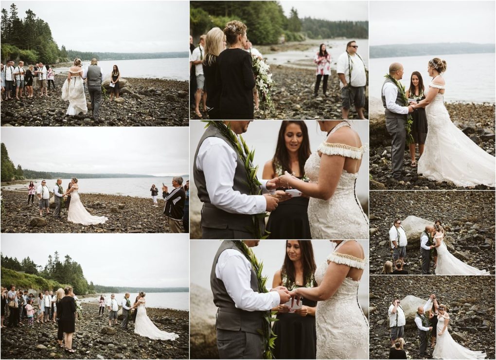 Premier snohomish & seattle wedding photographer | gsquared weddings photography a collage of outdoor beach wedding photos near snohomish seattle shows a bride and groom exchanging vows and rings surrounded by guests trees and water under a cloudy sky The ceremony is intimate with natural scenic surroundings | serving snohomish seattle                   & beyond