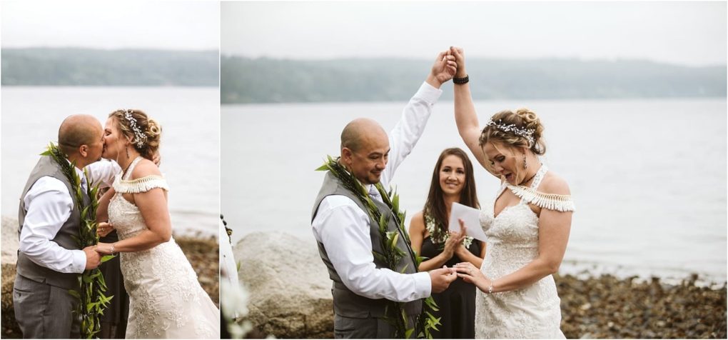 Premier snohomish & seattle wedding photographer | gsquared weddings photography a bride and groom stand by a lakeshore In the left image they kiss in the right the groom raises the brides hand in celebration as an officiant smiles behind them Their snohomish seattle wedding features elegant attire and floral accents | serving snohomish seattle                   & beyond