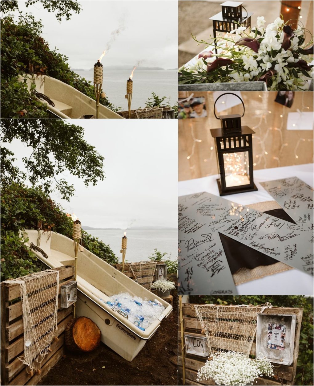 Premier snohomish & seattle wedding photographer | gsquared weddings photography collage of coastal wedding decor lanterns with flowers a boat filled with ice and drinks tiki torches a guest book with signaturesperfect inspiration for a snohomish or seattle wedding engagement by the water | serving snohomish seattle                   & beyond