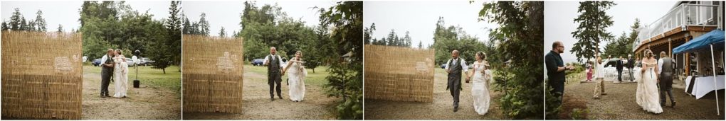 Premier snohomish & seattle wedding photographer | gsquared weddings photography a series of four photos shows a bride in a white dress walking outdoors with an older man past a bamboo screen at a snohomish wedding with trees parked cars and guests by a building visible in the background | serving snohomish seattle                   & beyond
