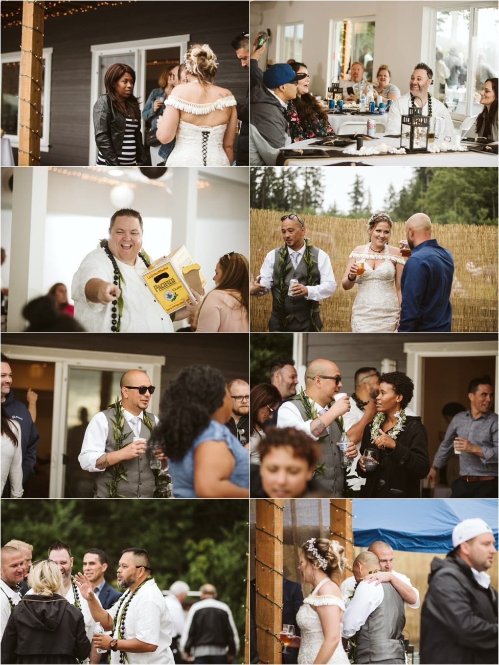 Premier snohomish & seattle wedding photographer | gsquared weddings photography a collage of candid snohomish wedding moments shows guests socializing laughing and enjoying drinks The bride and groom mingle with friends and family in a relaxed outdoor setting with trees and a wooden fence in the background | serving snohomish seattle                   & beyond