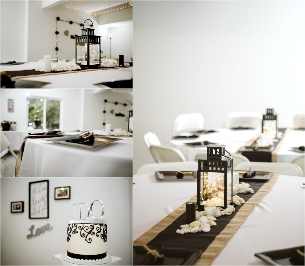 Premier snohomish & seattle wedding photographer | gsquared weddings photography five images show an elegant snohomish event setup with white tablecloths black runners lantern centerpieces with fairy lights seashell decorations and a white cake with black swirls and a 10 topperperfect for a seattle wedding or engagement | serving snohomish seattle                   & beyond