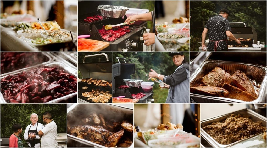 Premier snohomish & seattle wedding photographer | gsquared weddings photography a collage of outdoor barbecue scenes at a snohomish seattle wedding featuring chefs grilling meat trays of brisket and pulled pork buffet salads and guests serving themselves at an engagement cookout event | serving snohomish seattle                   & beyond