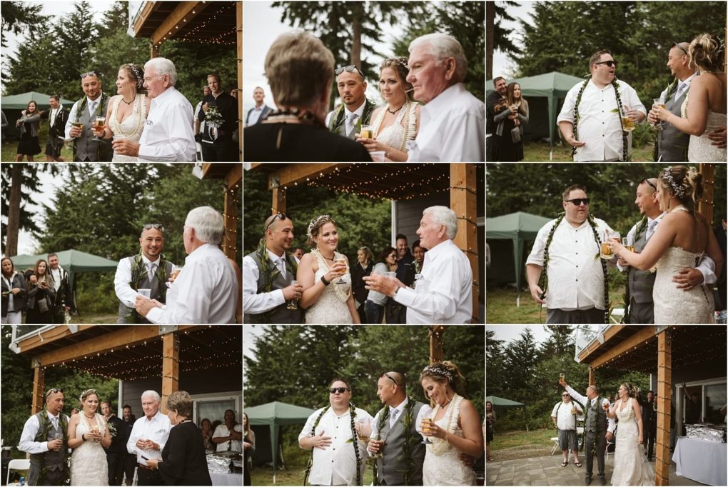 Premier snohomish & seattle wedding photographer | gsquared weddings photography a collage of snohomish outdoor wedding celebration photos shows a bride and groom toasting with guests sharing smiles under a patio with trees and tents This relaxed seattle wedding captures pure joy and togetherness | serving snohomish seattle                   & beyond