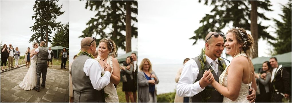 Premier snohomish & seattle wedding photographer | gsquared weddings photography a bride and groom share their first dance outdoors at a snohomish wedding surrounded by smiling guests The happy couple is in love with trees and water in the background under a cloudy seattle sky | serving snohomish seattle                   & beyond