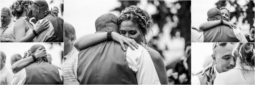 Premier snohomish & seattle wedding photographer | gsquared weddings photography a black and white photo collage captures a snohomish wedding with a newlywed couple embracing and dancing closely sharing emotional moments while other guests look on in the background | serving snohomish seattle                   & beyond