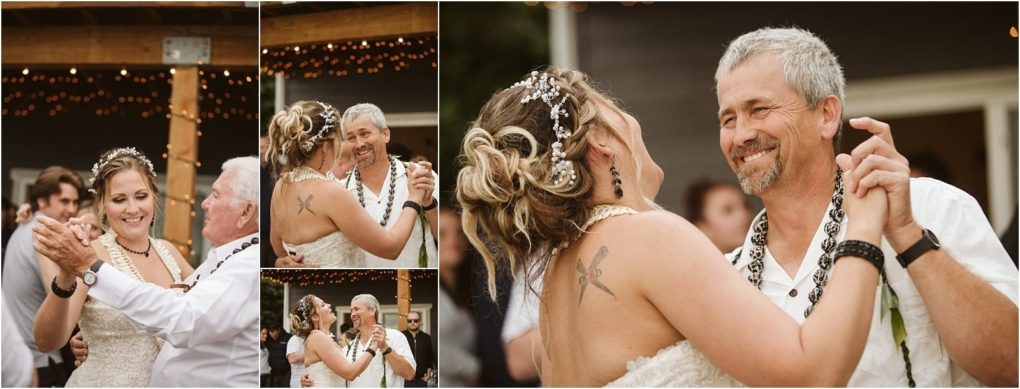 Premier snohomish & seattle wedding photographer | gsquared weddings photography a bride in a white dress and a man with gray hair both smiling share a joyful dance at an outdoor snohomish wedding reception near seattle surrounded by guests and glowing string lights | serving snohomish seattle                   & beyond