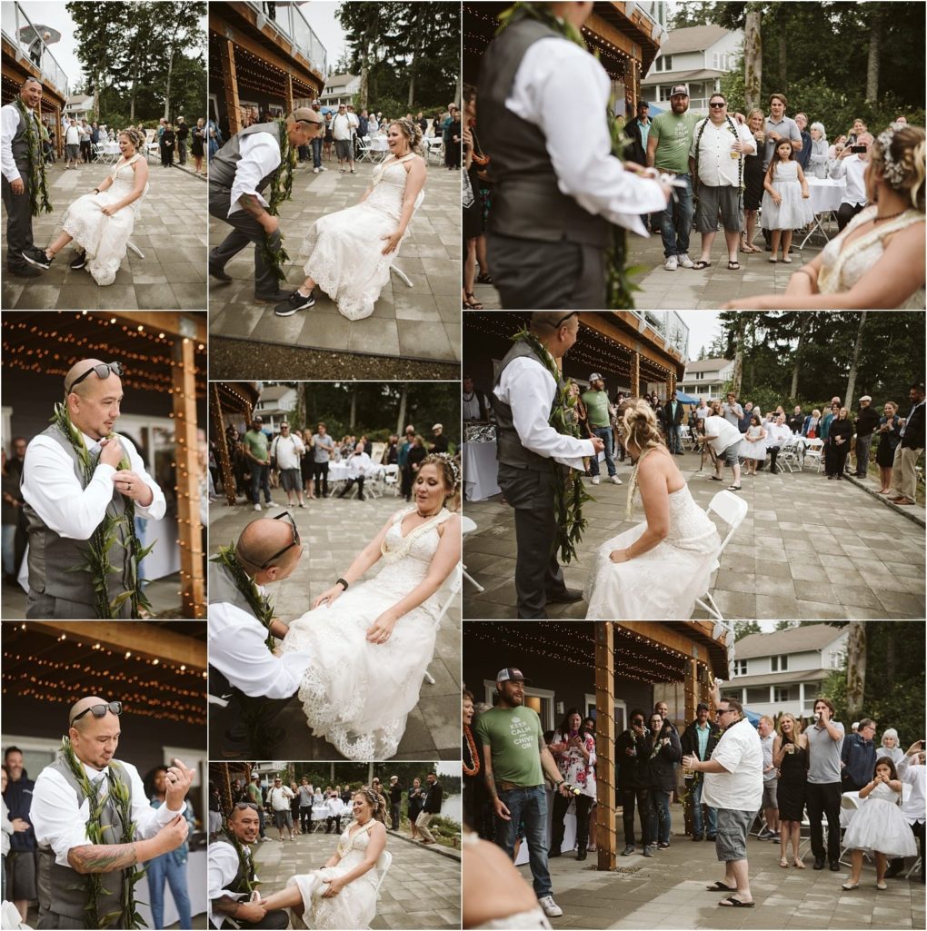 Premier snohomish & seattle wedding photographer | gsquared weddings photography a collage of wedding photos from a snohomish seattle celebration shows a groom playfully removing the brides garter in front of laughing guests at an outdoor reception with everyone smiling and enjoying the festive atmosphere | serving snohomish seattle                   & beyond