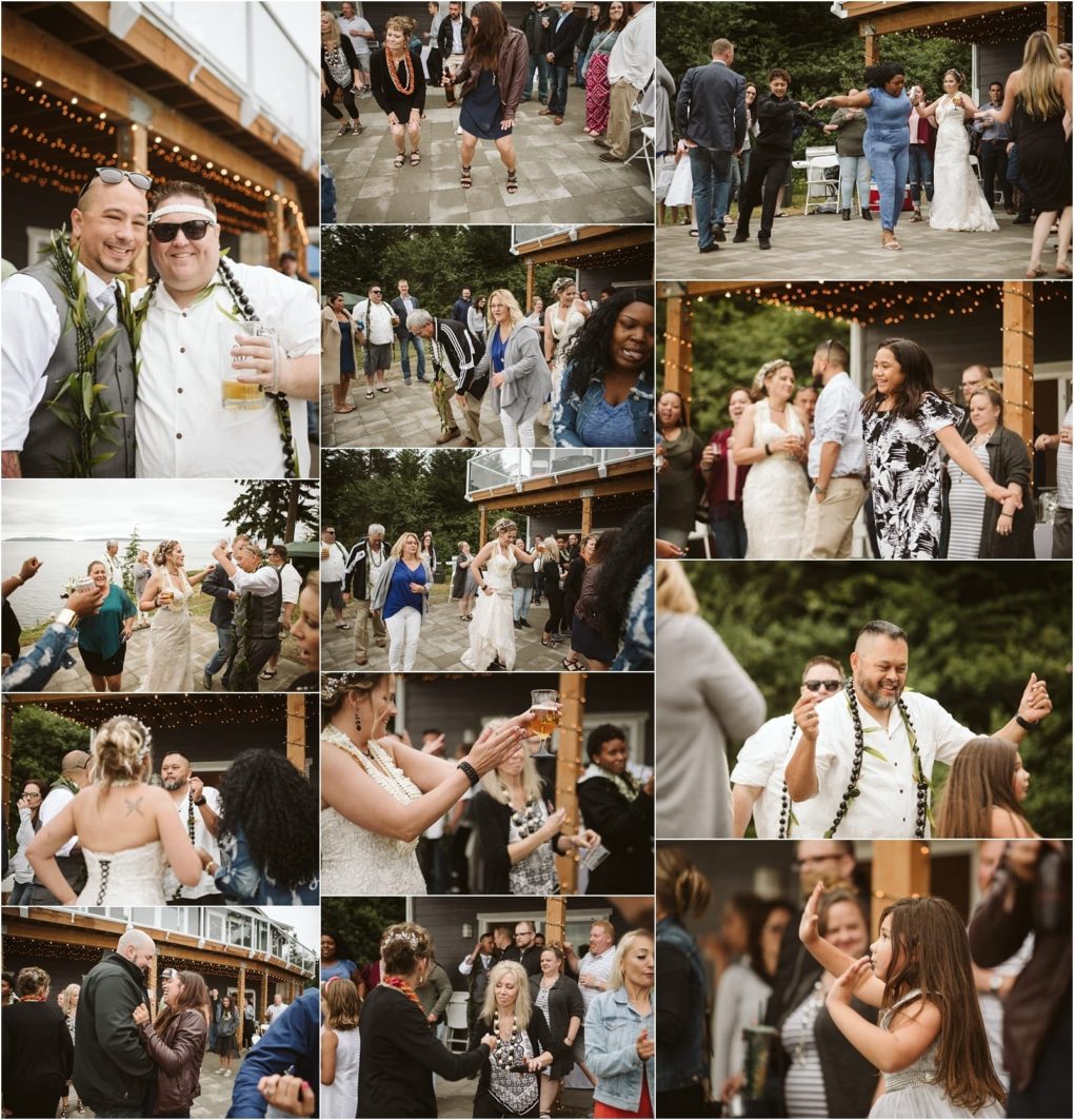 Premier snohomish & seattle wedding photographer | gsquared weddings photography a collage of snohomish wedding reception moments shows guests and the newlyweds laughing dancing and celebrating outdoors People are dressed formally enjoying the festivities under string lights and a rustic pavilion | serving snohomish seattle                   & beyond