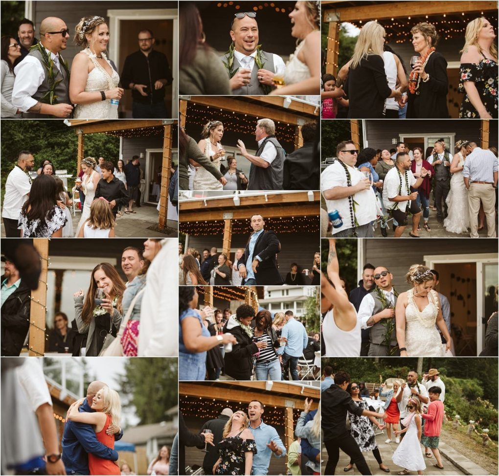 Premier snohomish & seattle wedding photographer | gsquared weddings photography a collage of candid snohomish wedding reception moments guests socializing dancing laughing and celebrating outdoors under string lights with the bride and groom mingling among friends and family near seattle | serving snohomish seattle                   & beyond