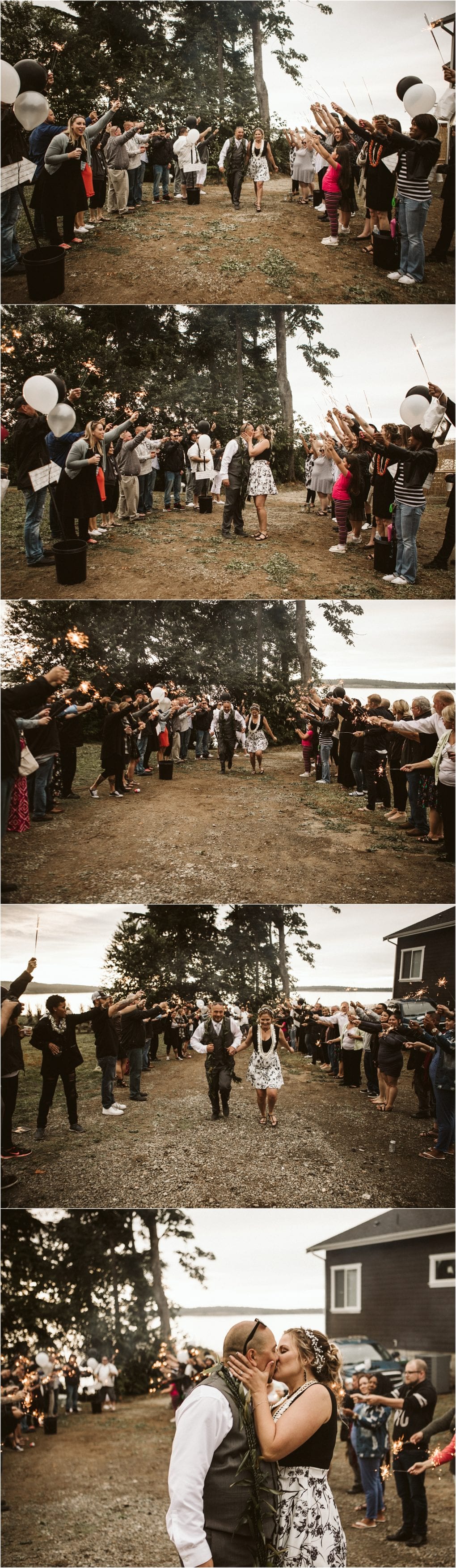 Premier snohomish & seattle wedding photographer | gsquared weddings photography a couple walks hand in hand outdoors through a crowd of people holding sparklers and balloons celebrating their snohomish seattle wedding engagement In the last image the couple kisses surrounded by friends and family | serving snohomish seattle                   & beyond